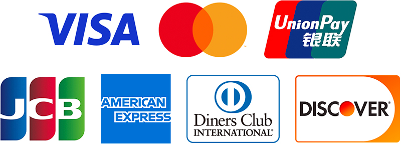 VISA、マスターカード、ユニオンPay，JCB，AMEX、ダイナーズ、DICOVERを利用可能